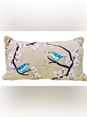 Levtex Linen Bluebirds On Dogwood Branch Tan Oblong Sofa Pillow 24” X 14” New